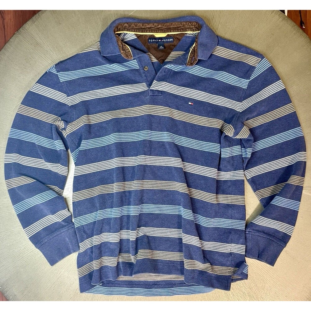 Vintage Tommy Hilfiger Long Sleeve Rugby Shirt Large Striped Corduroy Lined Y2K